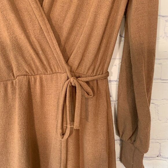 Fraiche by J Crossover Tie Front Midi Long Sleeve Dress Brown Size Small - Picture 2 of 7
